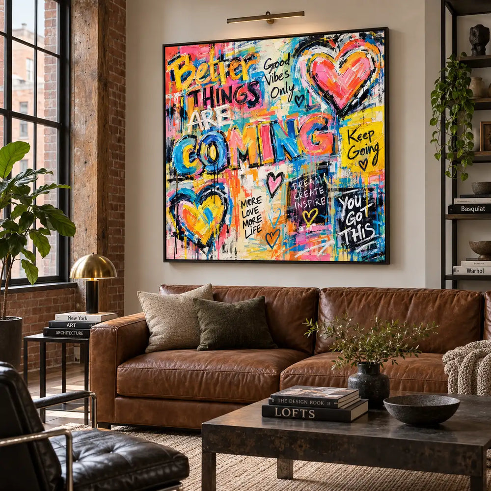 Better Things in Bright Letters: artwork above a brown leather sofa beside a tall window and dark table
