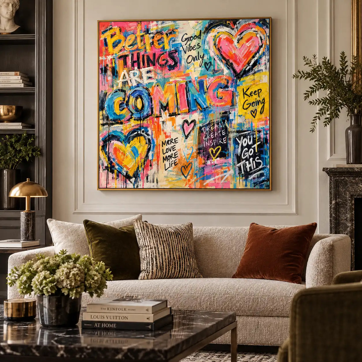 Better Things in Bright Letters: artwork above a cream sofa beside a fireplace and recessed shelves