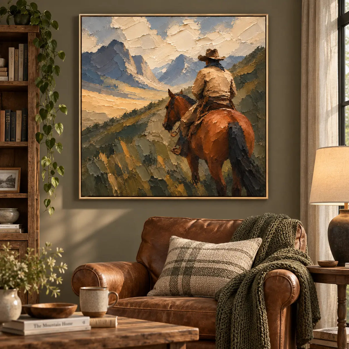 Beyond the Saddle: above a brown leather chair beside a wood bookcase