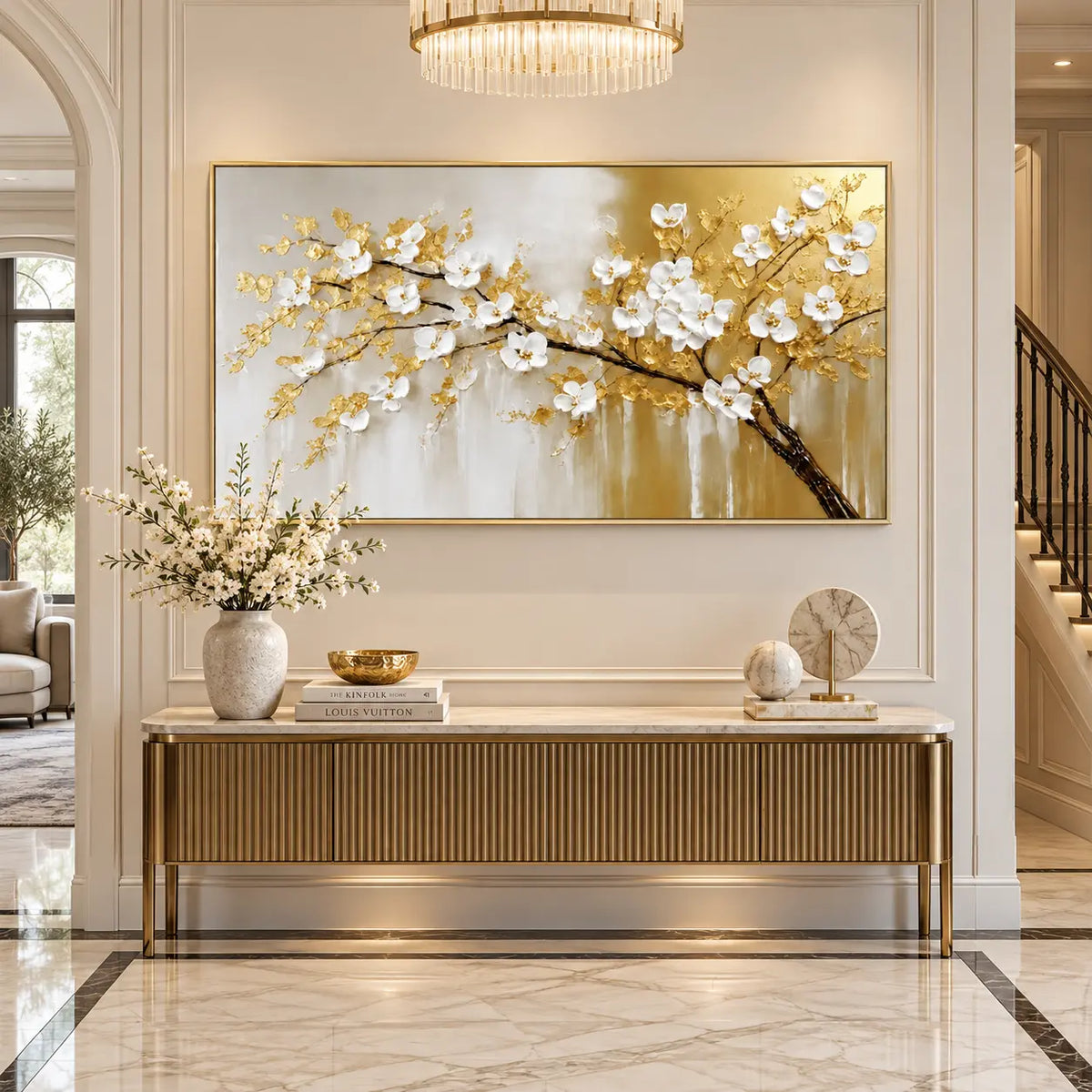 Blossoms on a Golden Bough: above a ribbed gold console beneath a glass chandelier