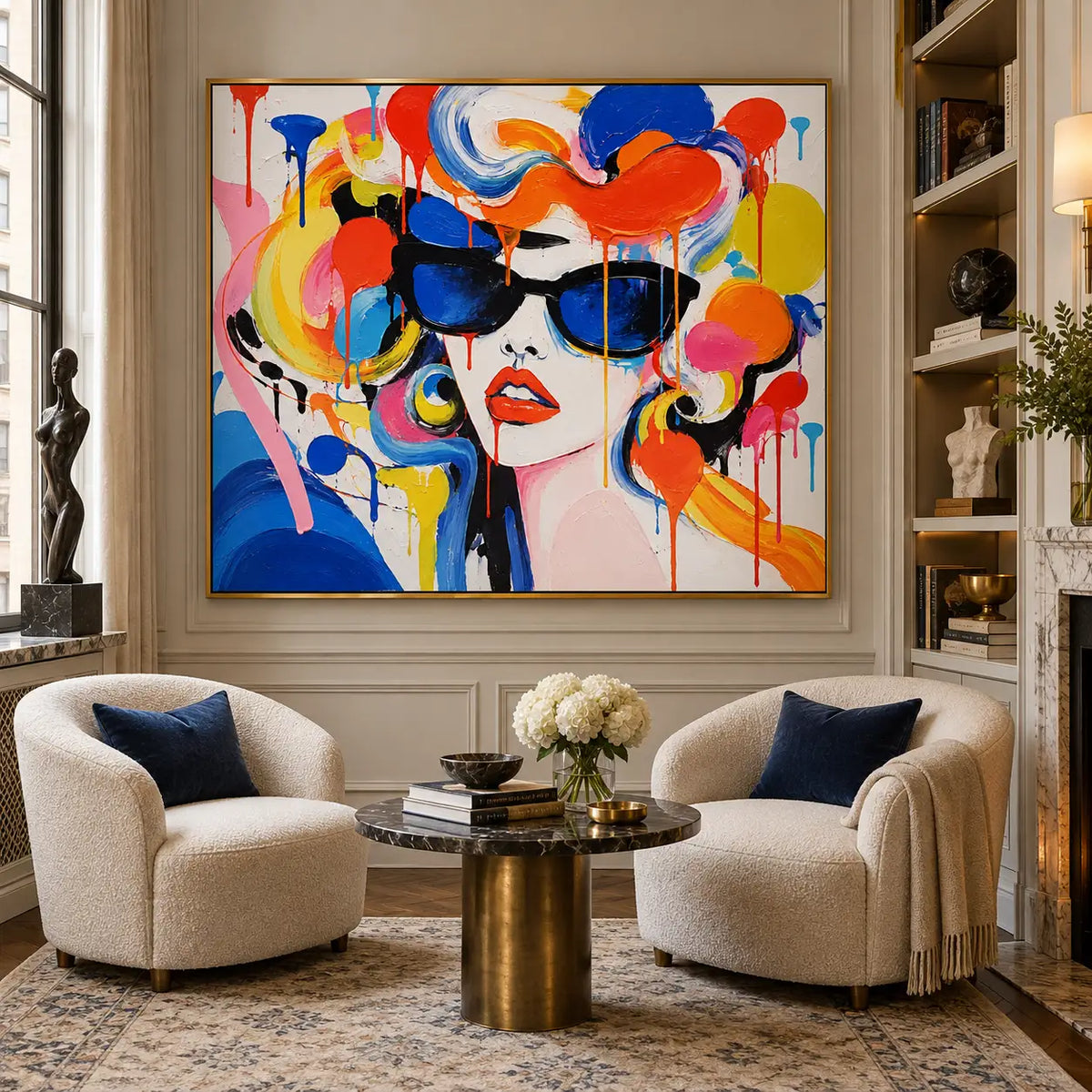 Blue Lenses and Tangerine Curls: artwork above two cream armchairs arranged around a small brass table
