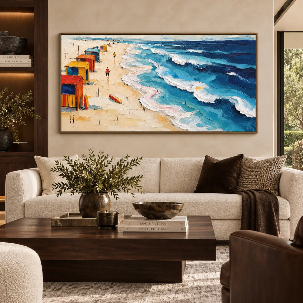 Cabins Along the Break: above a cream sofa with dark cushions and a walnut coffee table