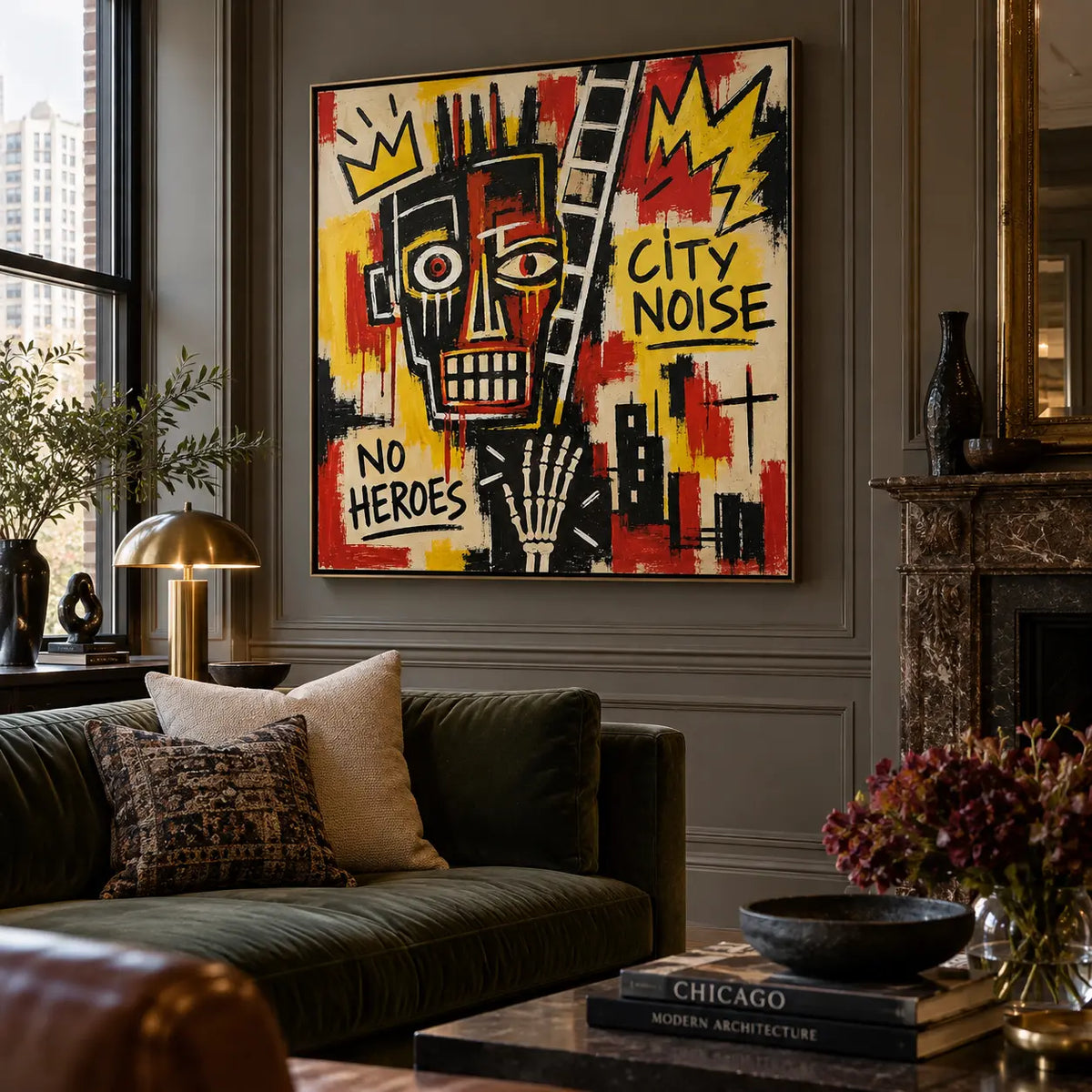 City Noise and the Ladder: artwork above a green sofa on a paneled wall beside a brass lamp