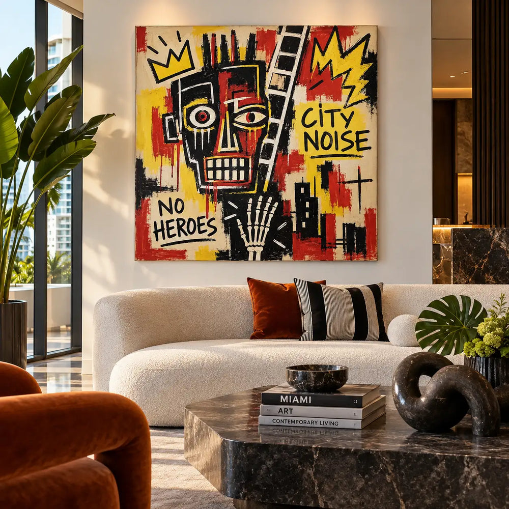 City Noise and the Ladder: artwork above a white curved sofa with rust cushions and tropical foliage