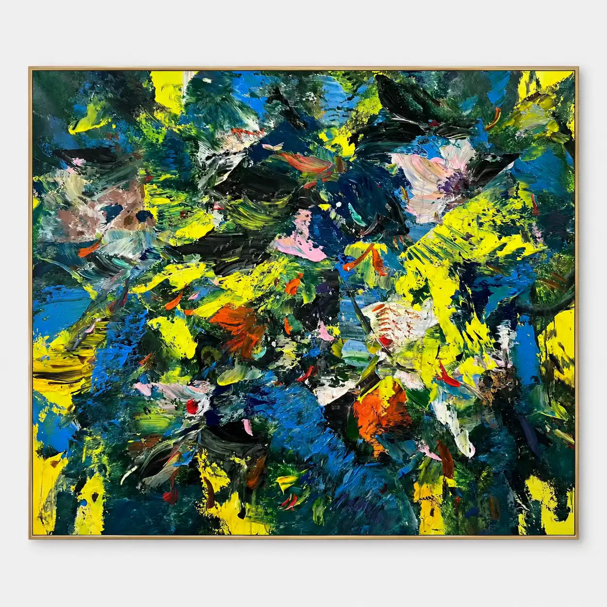 Cobalt and Citron Collision: Cobalt blue and bright yellow gestures collide with dark green, pink and orange fragments