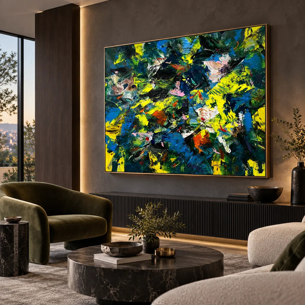 Cobalt and Citron Collision: Angled painting view above a ribbed cabinet with olive and cream lounge chairs