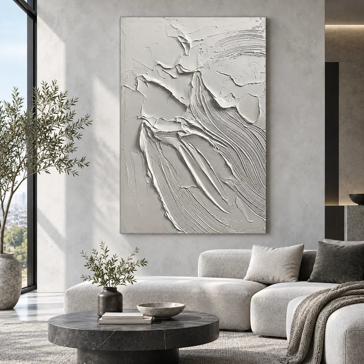 Contours After the Rain: above a pale chaise with a round black marble table
