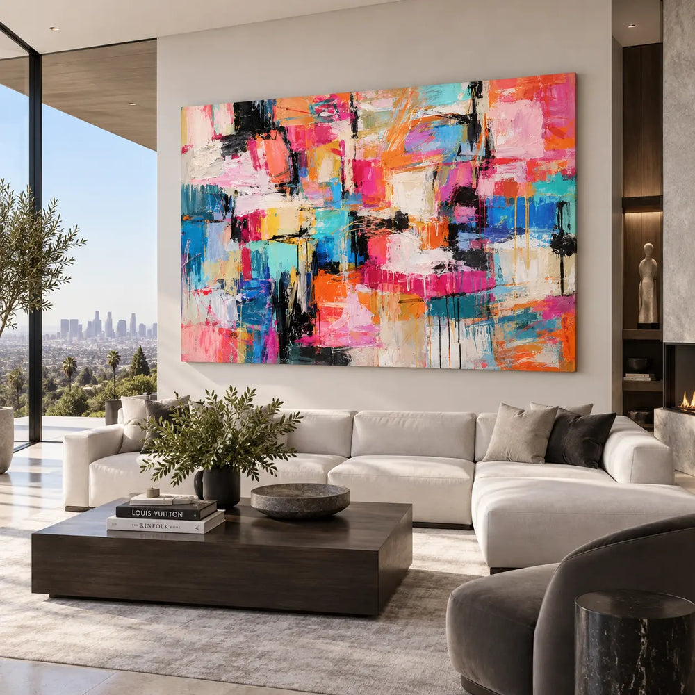 Coral Steps Through Turquoise: above a pale sectional and rectangular wood table beside tall windows