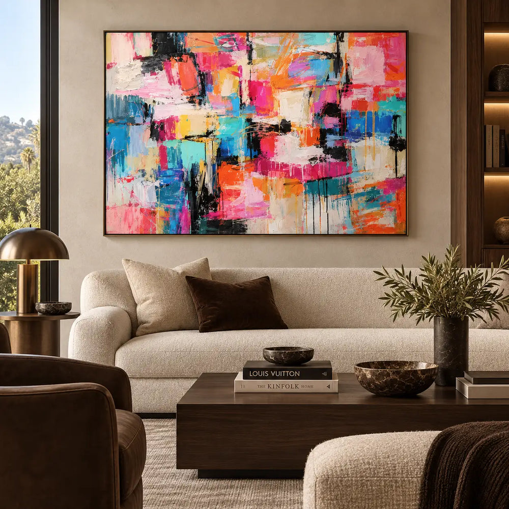 Coral Steps Through Turquoise: above a cream sofa with brown cushions and a wooden table