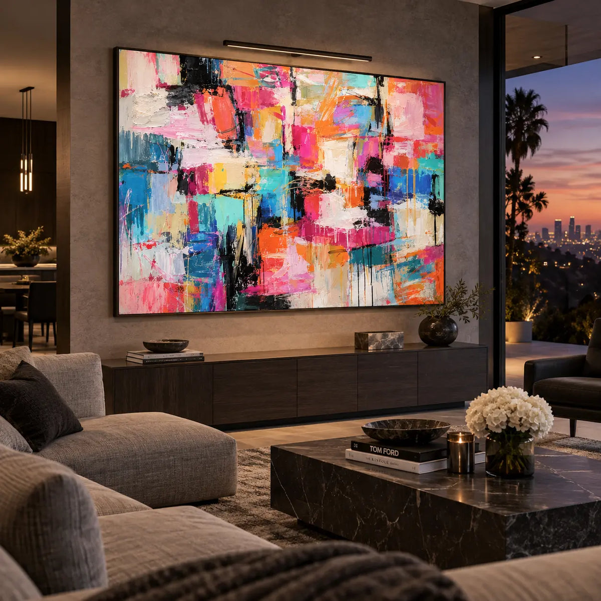 Coral Steps Through Turquoise: beneath a picture light above a long cabinet beside dusk glazing