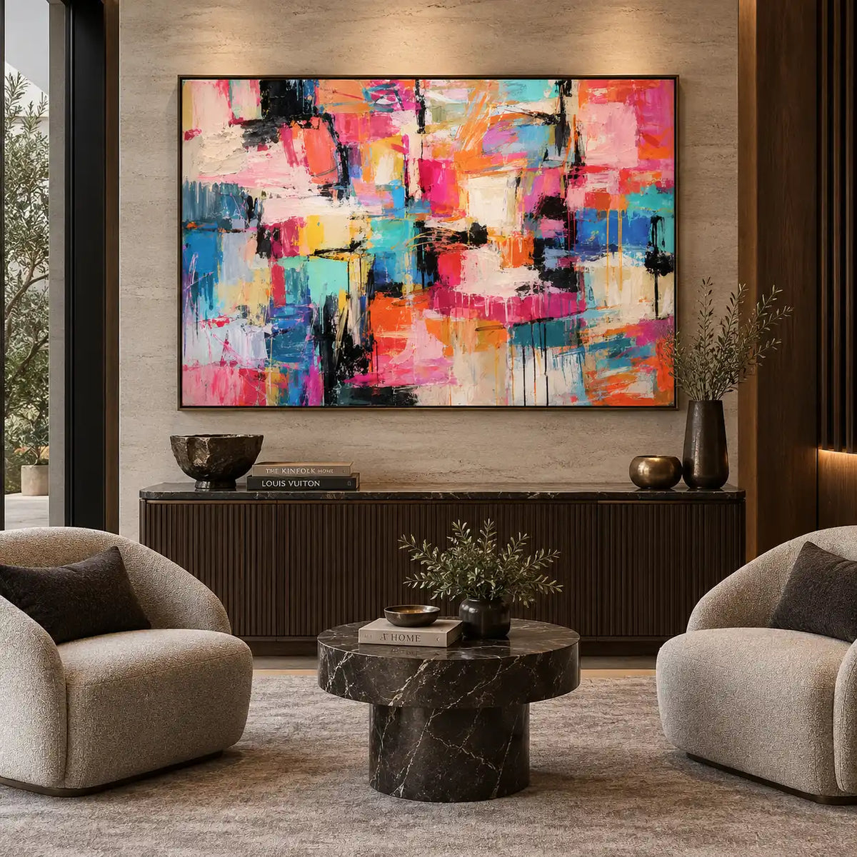 Coral Steps Through Turquoise: above a ribbed cabinet between pale rounded chairs and a dark round table