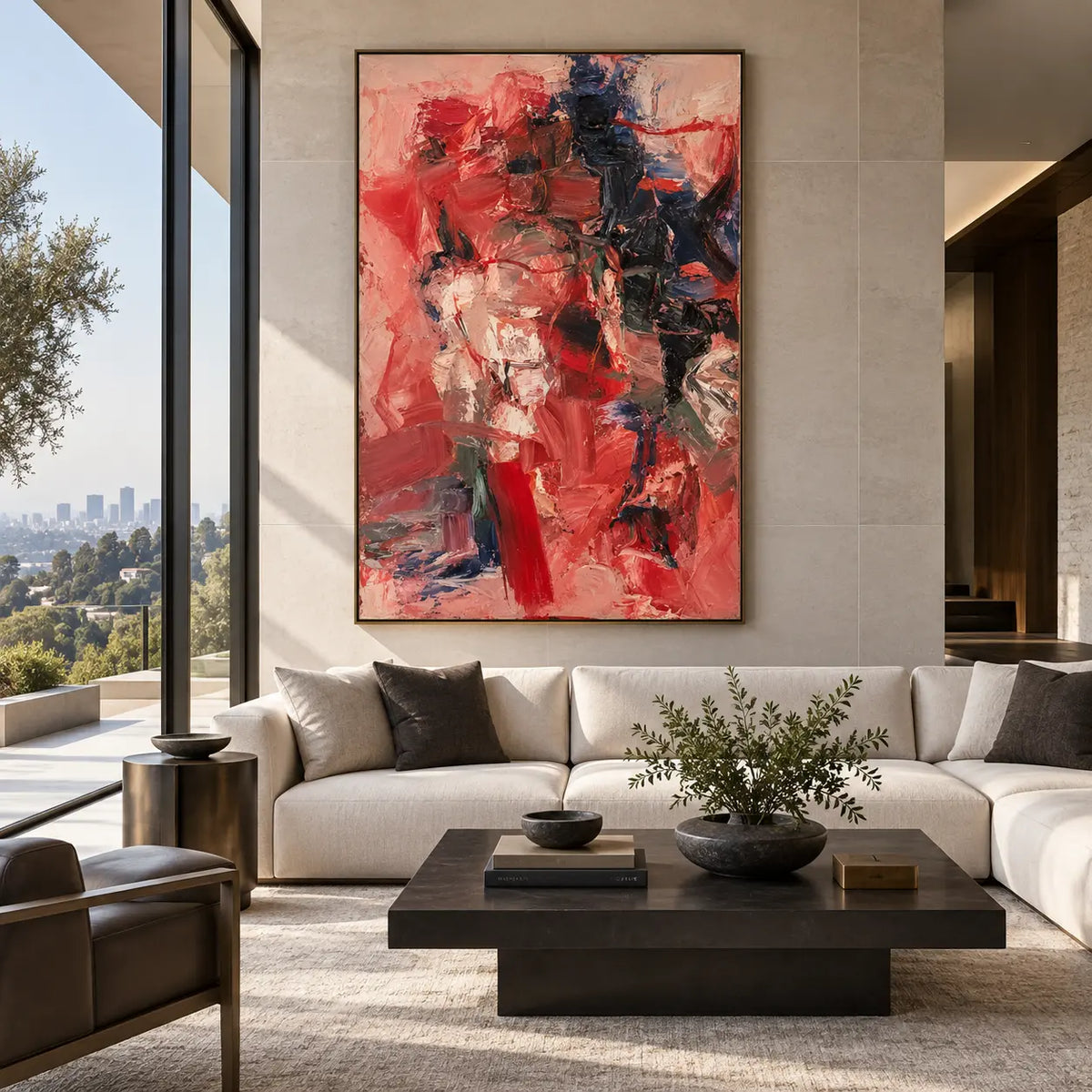 Crimson Against the Night Column: above a cream sectional beside illuminated shelves and a low dark table