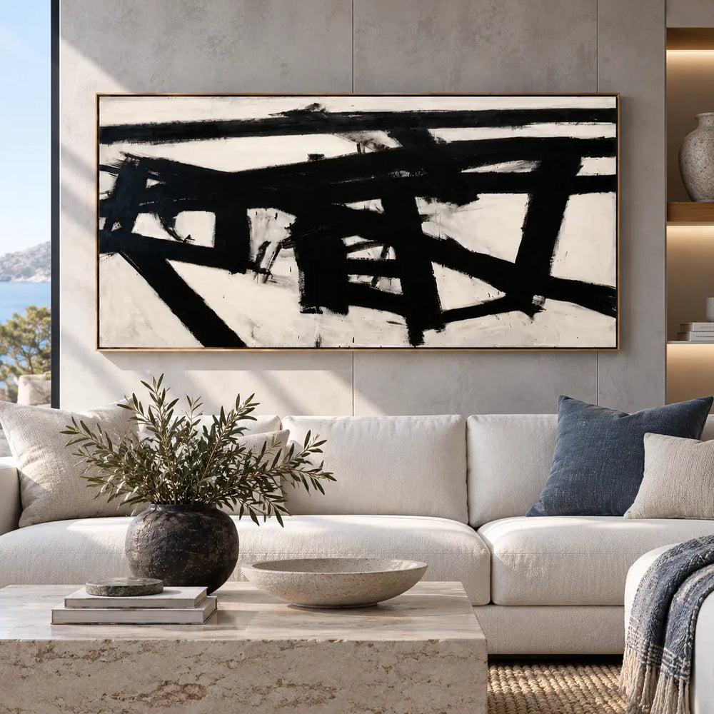 Crossing the Ivory Field: above a white sofa with a blue cushion and pale stone table