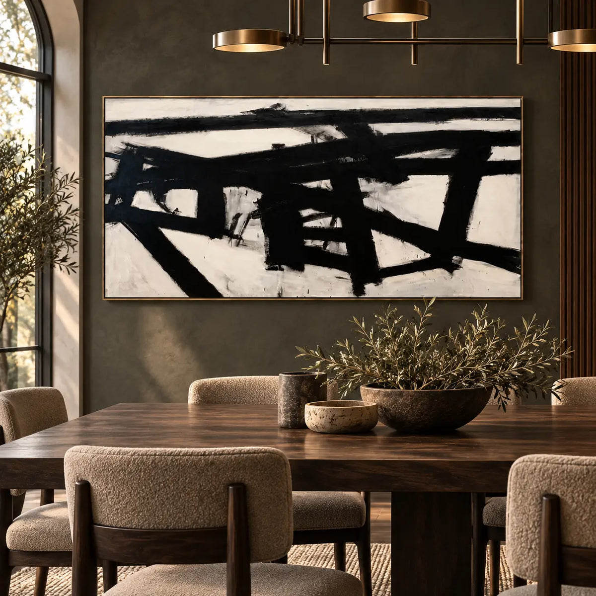 Crossing the Ivory Field: above a dark dining table beneath brass disc pendant lights