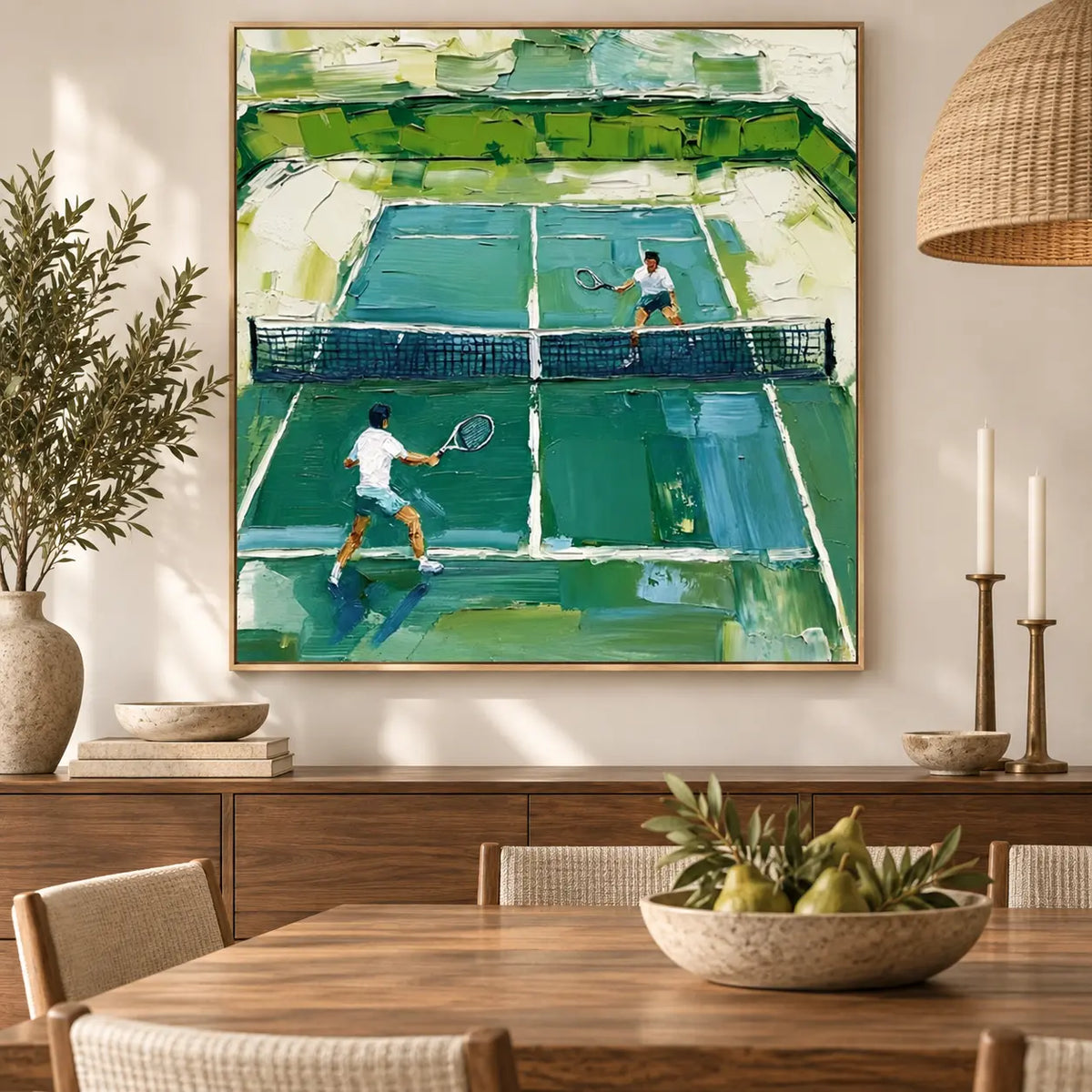 Emerald Court Rally above a dining sideboard with candles and a bowl of green fruit