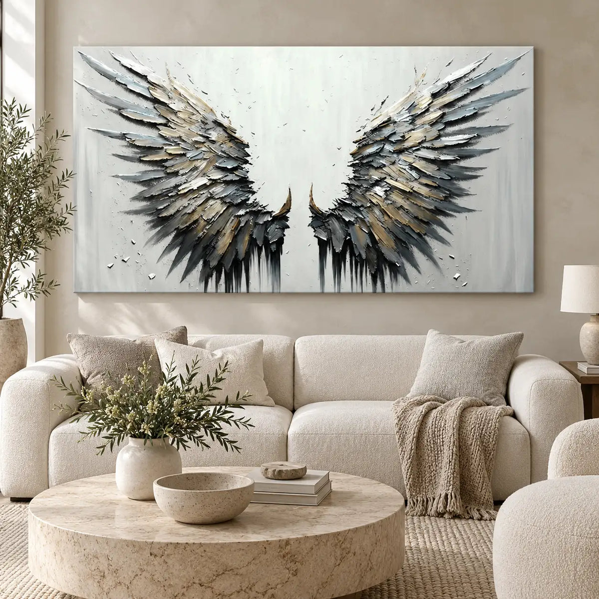 Feathers of the Open Air: above rounded ivory seating with a pale stone coffee table
