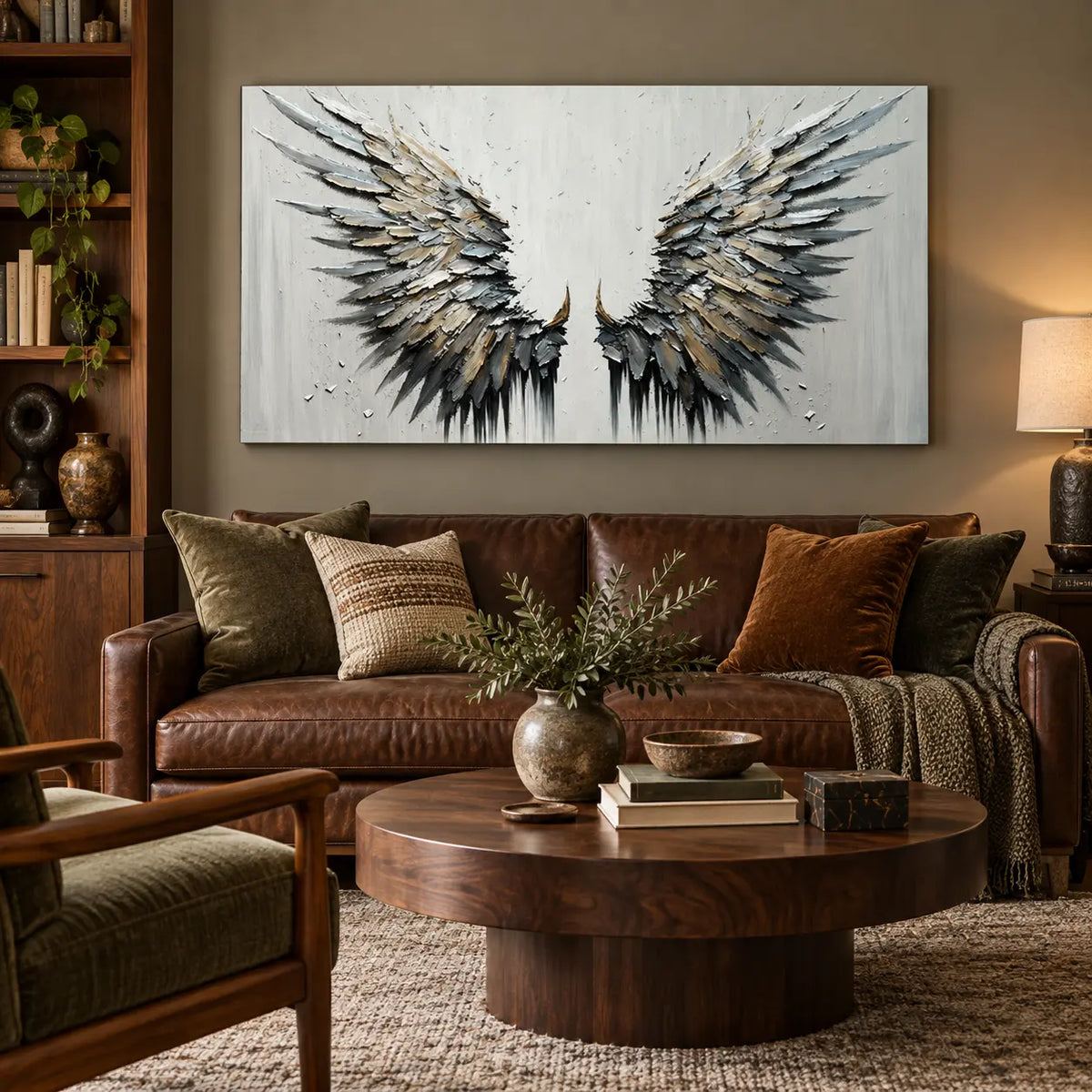 Feathers of the Open Air: over a brown leather sofa beside a wooden bookcase