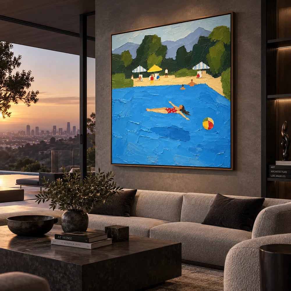 Floating Past the Parasols: above a gray sectional near sunset glazing and a dark coffee table