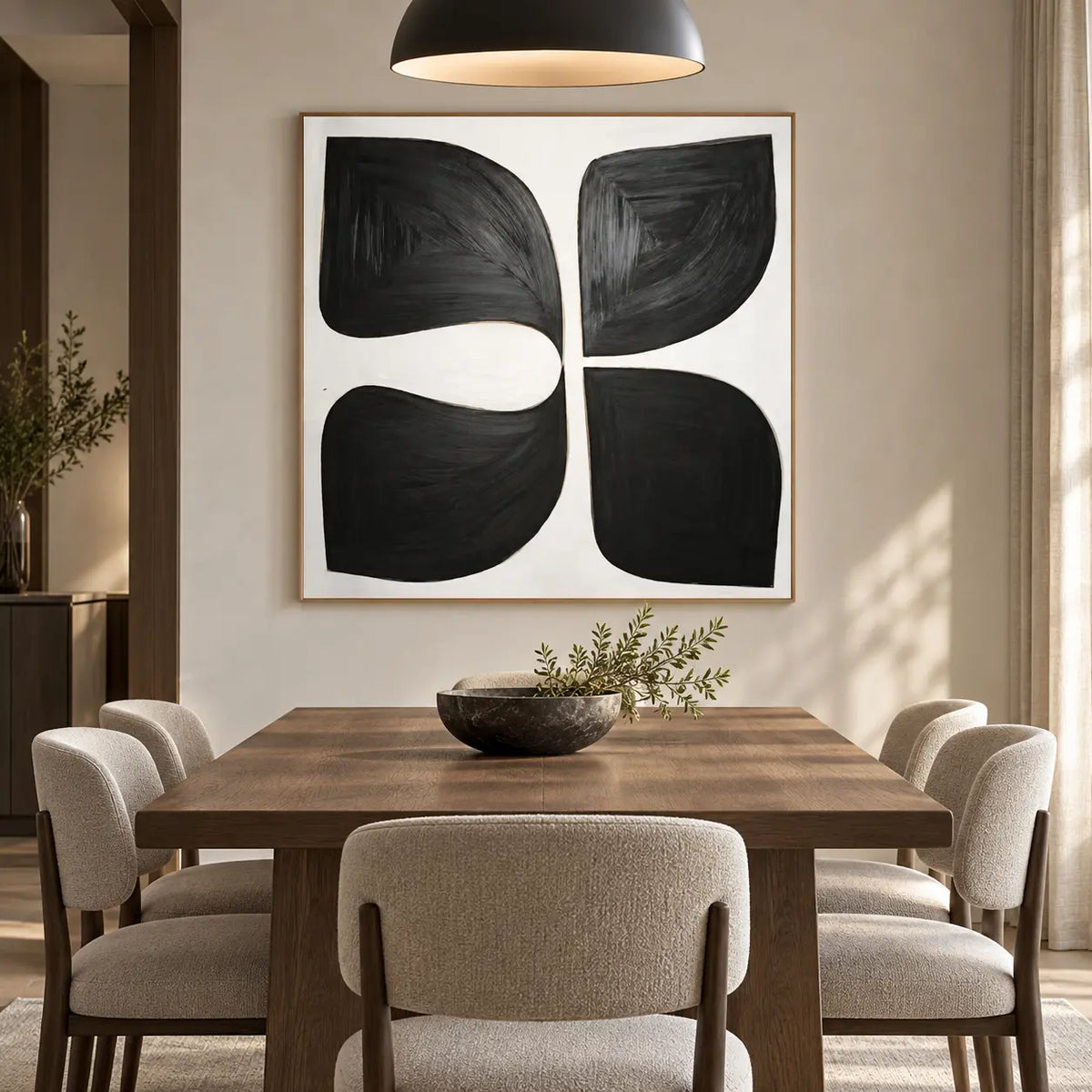 Four Forms Around a Pause: behind a wood dining table beneath a black dome pendant
