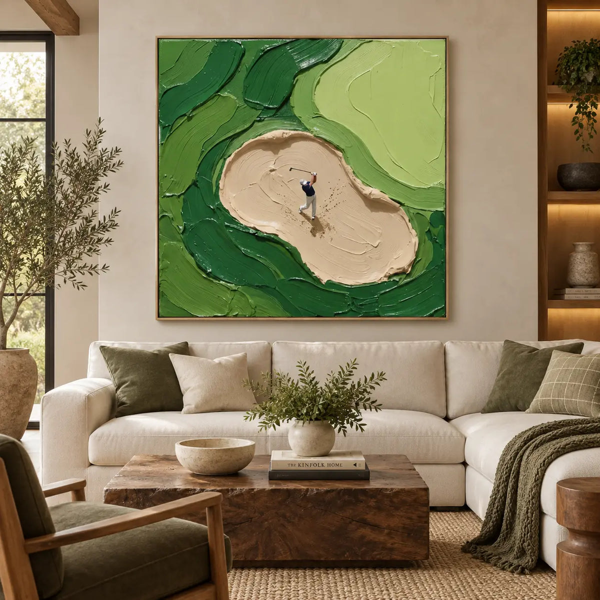 From the Sand above a sofa between an archway and dark display shelves