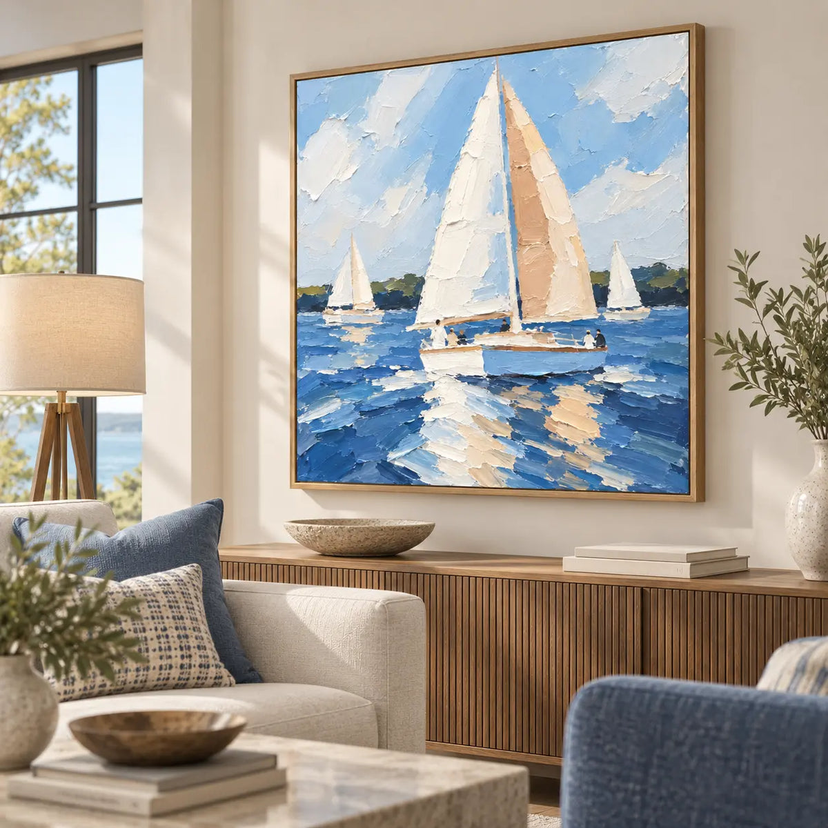 Full Sail in June above a low wood cabinet beside a pale sofa and large window