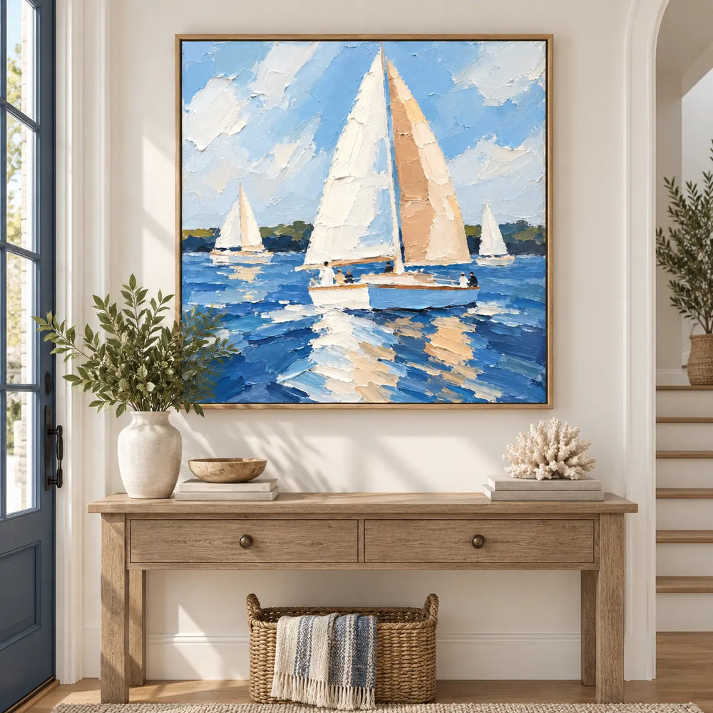 Full Sail in June above a light wood entry console with baskets and a striped throw