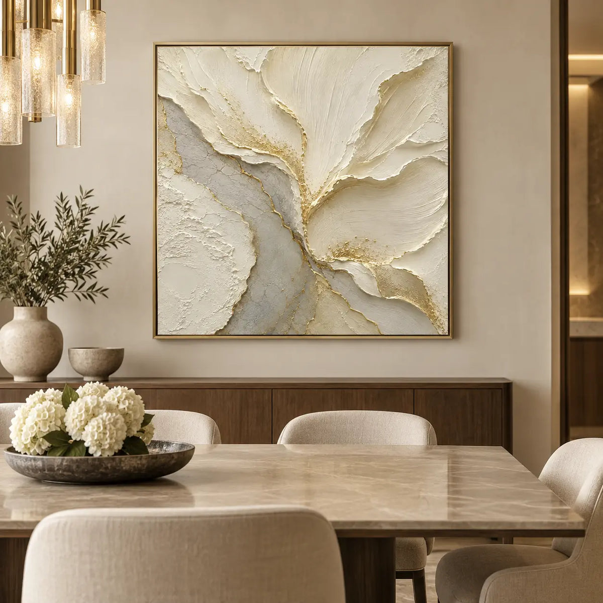 Gilded Faultlines: above a wood dining sideboard with glass pendant lights and white flowers