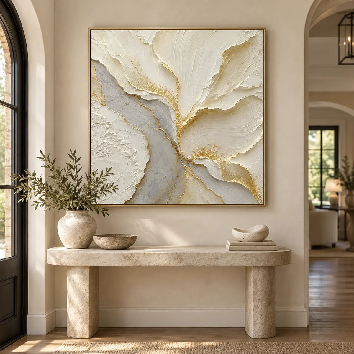 Gilded Faultlines: above a rounded stone console beside an arched doorway