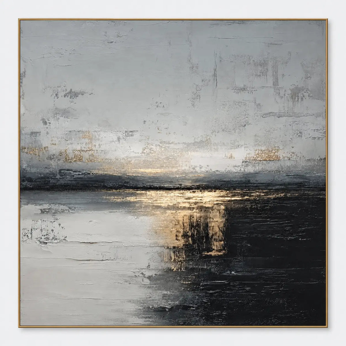 Gold at the Dark Waterline: A gold-colored reflection falls beside a deep black mass beneath a pale gray horizon