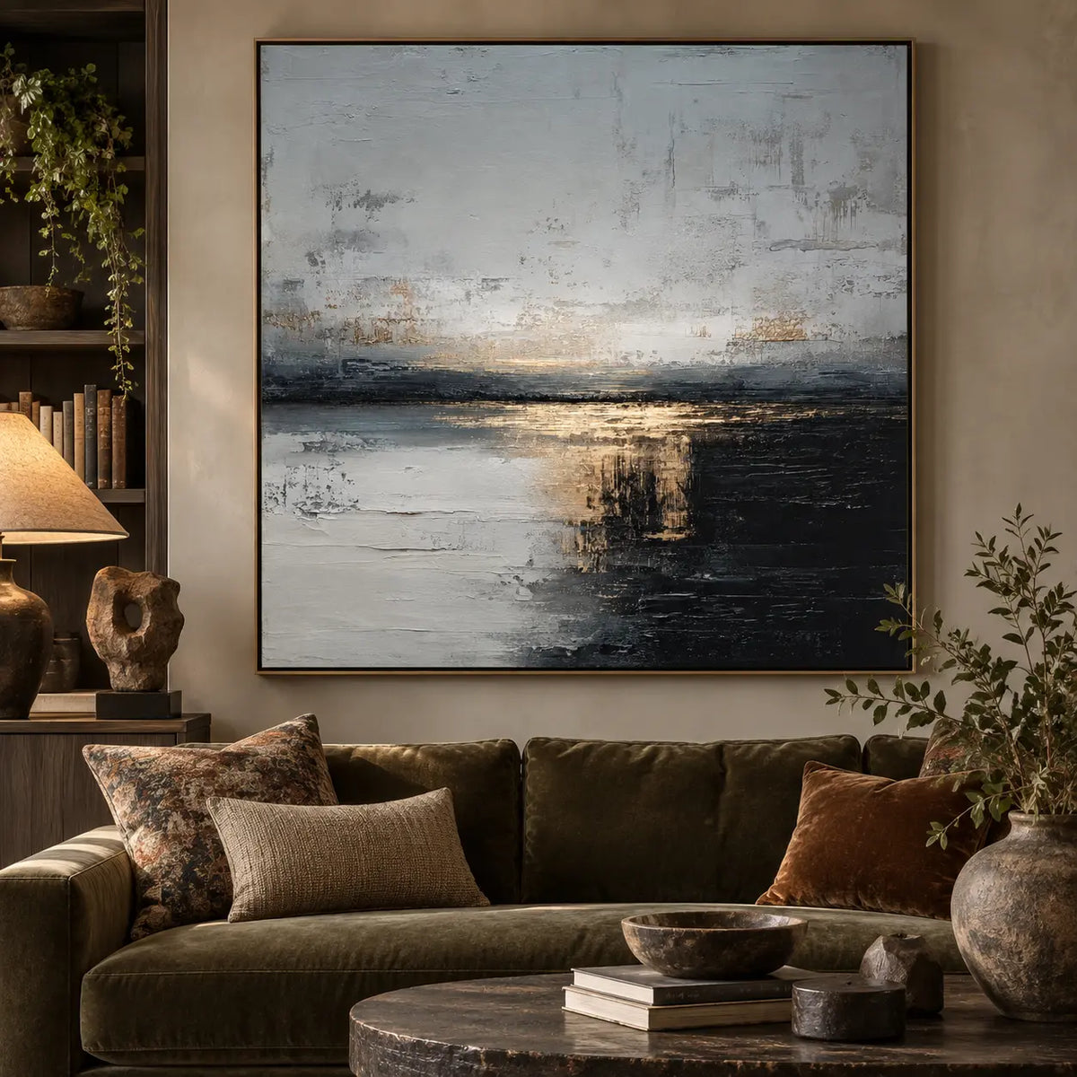 Gold at the Dark Waterline: above an olive sofa with patterned cushions beside bookshelves