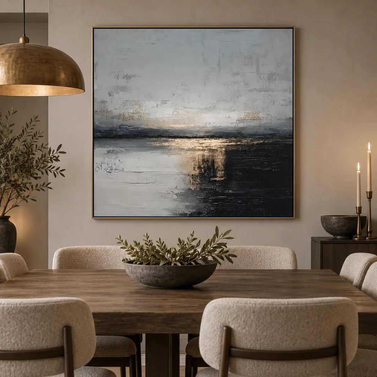 Gold at the Dark Waterline: behind a wood dining table beneath a brass dome pendant