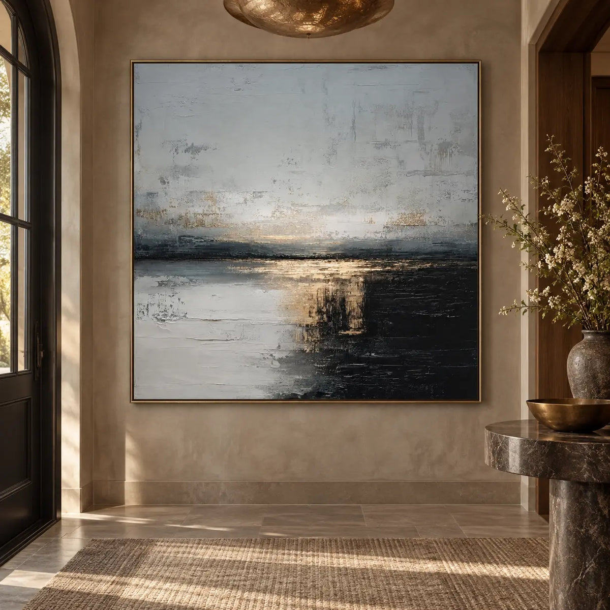Gold at the Dark Waterline: on an entrance wall beside an arched door and dark stone console