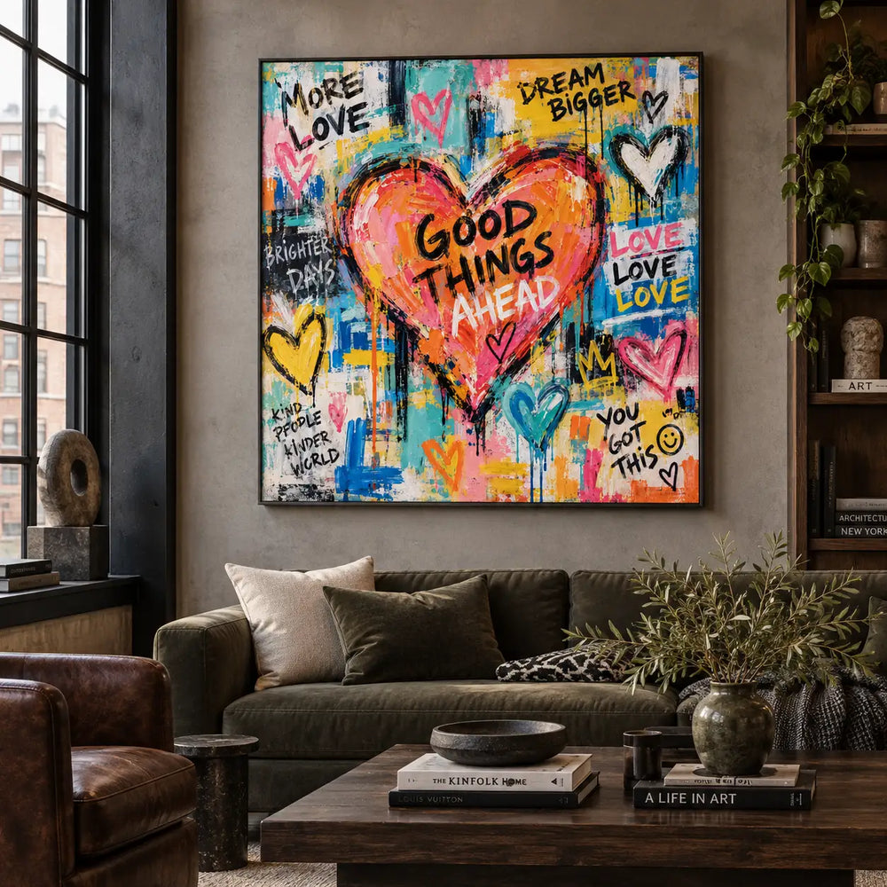 Good Things in a Coral Heart: artwork above a green sofa beside an industrial window and dark wood table