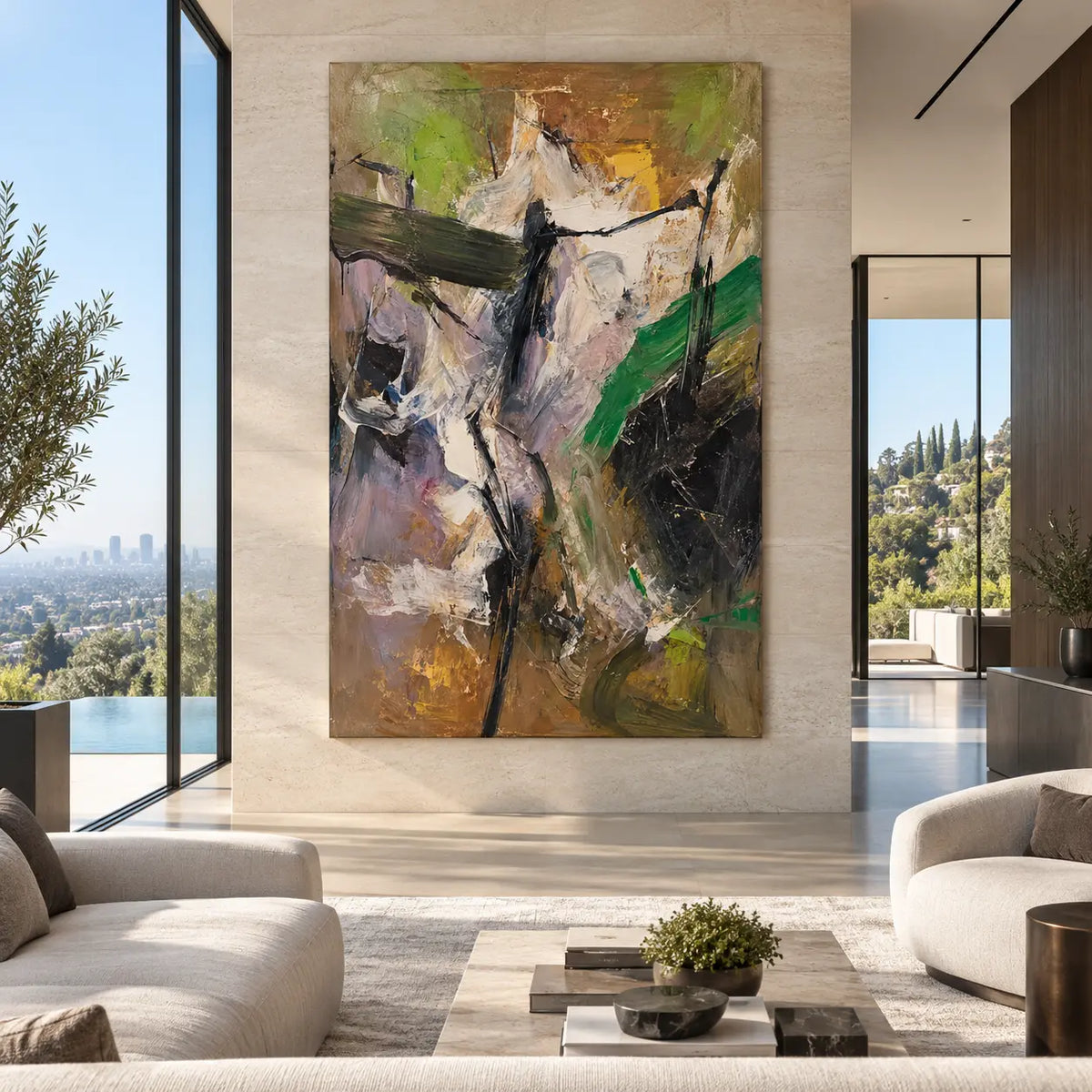 Green Through the Pale Ascent: on a tall stone wall between windows behind low pale seating