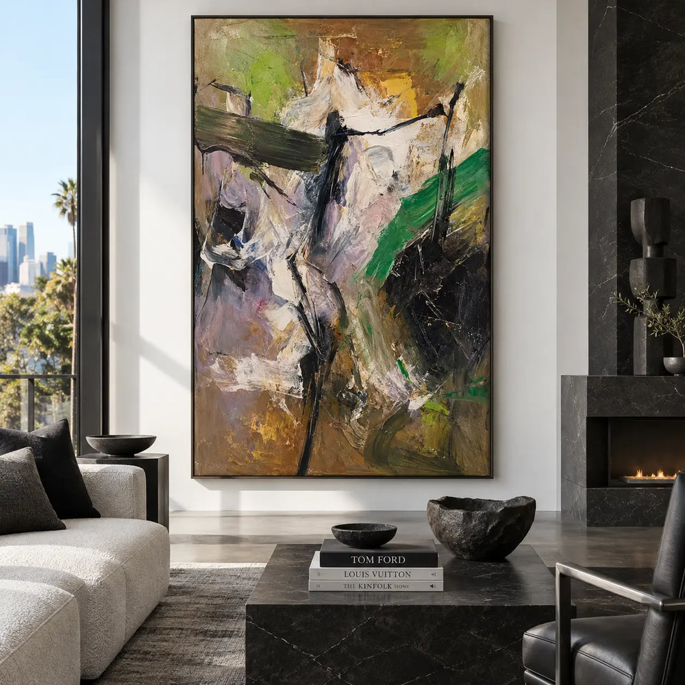 Green Through the Pale Ascent: beside a black fireplace above a veined dark coffee table