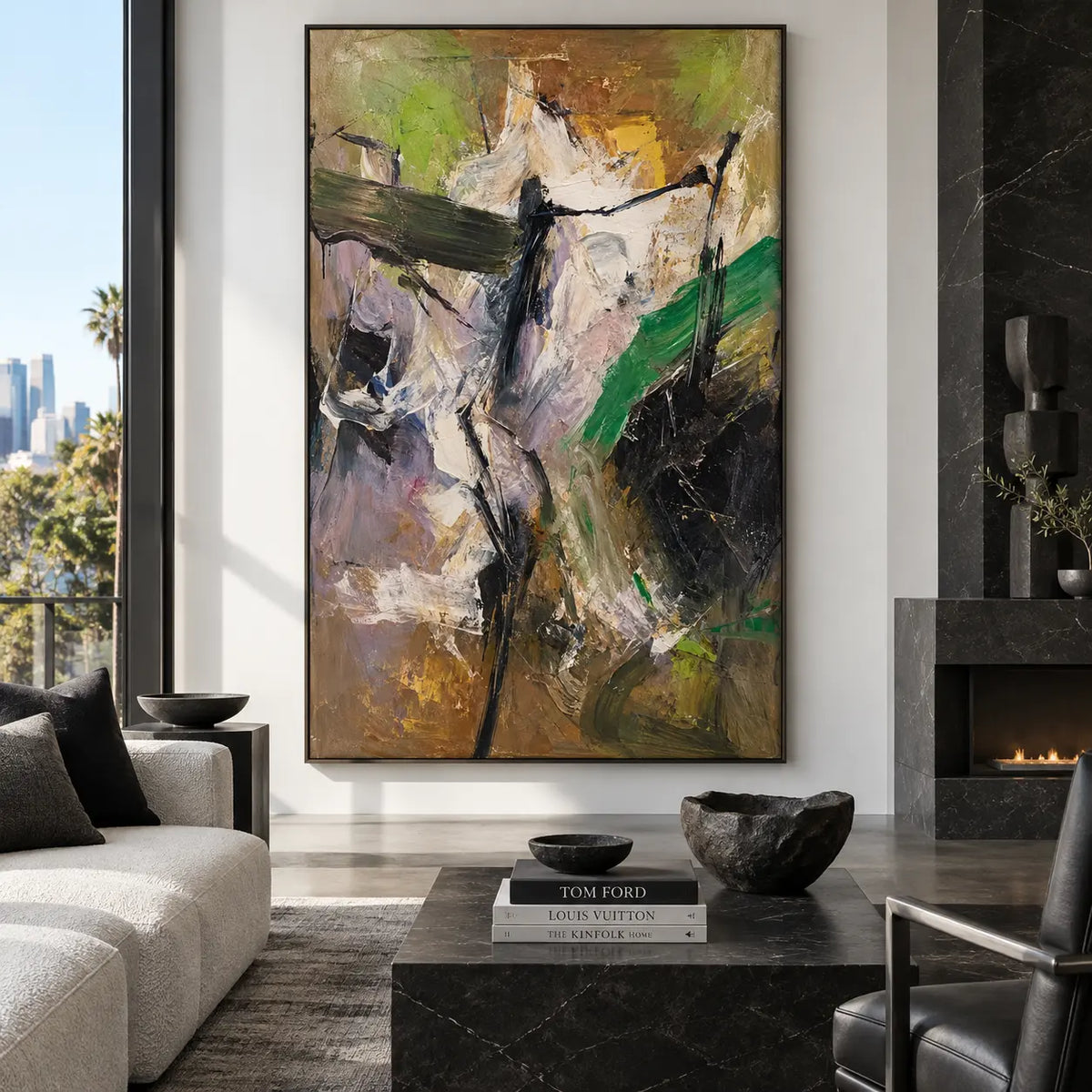 Green Through the Pale Ascent: beside a black fireplace above a veined dark coffee table
