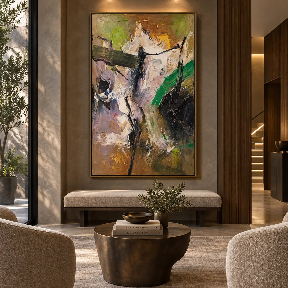 Green Through the Pale Ascent: above an upholstered bench between vertical wood panels