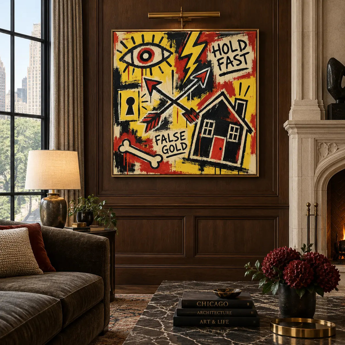 Hold Fast at the Red Door: artwork on dark wood paneling beside a fireplace and green sofa