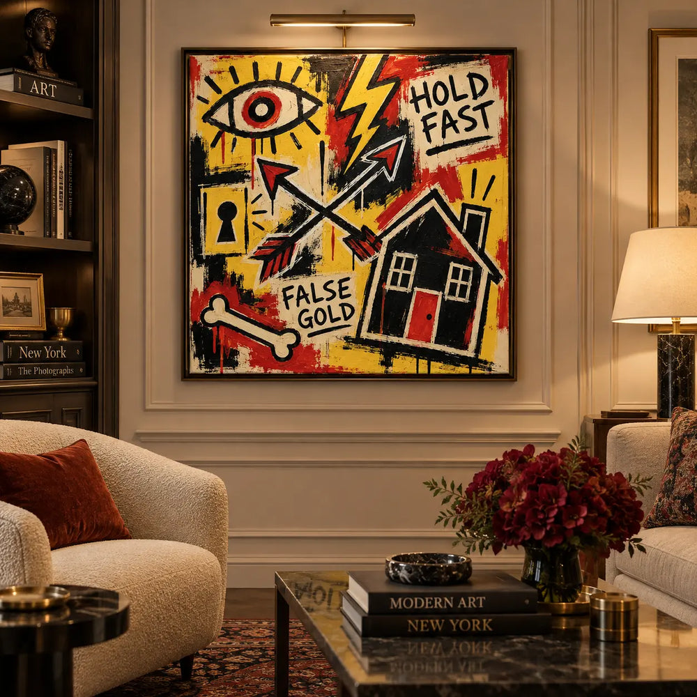 Hold Fast at the Red Door: artwork beneath a brass picture light above cream seating beside illuminated shelves
