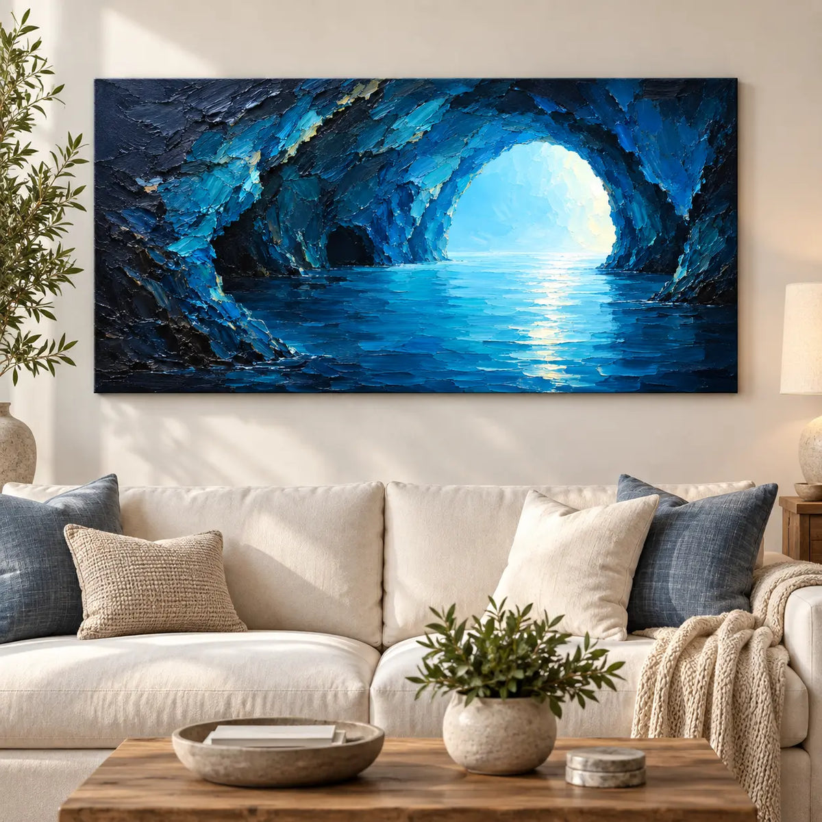 Inside the Blue Grotto: above a cream sofa with blue cushions and a rustic rectangular table