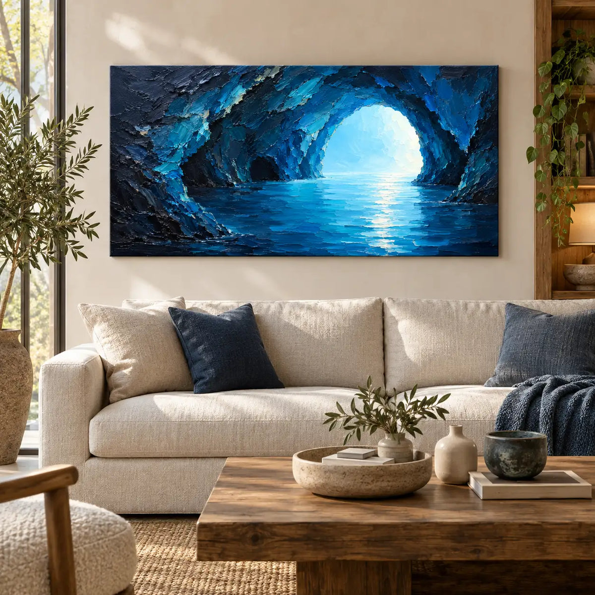 Inside the Blue Grotto: above a cream sofa between a black window and lit wooden shelving