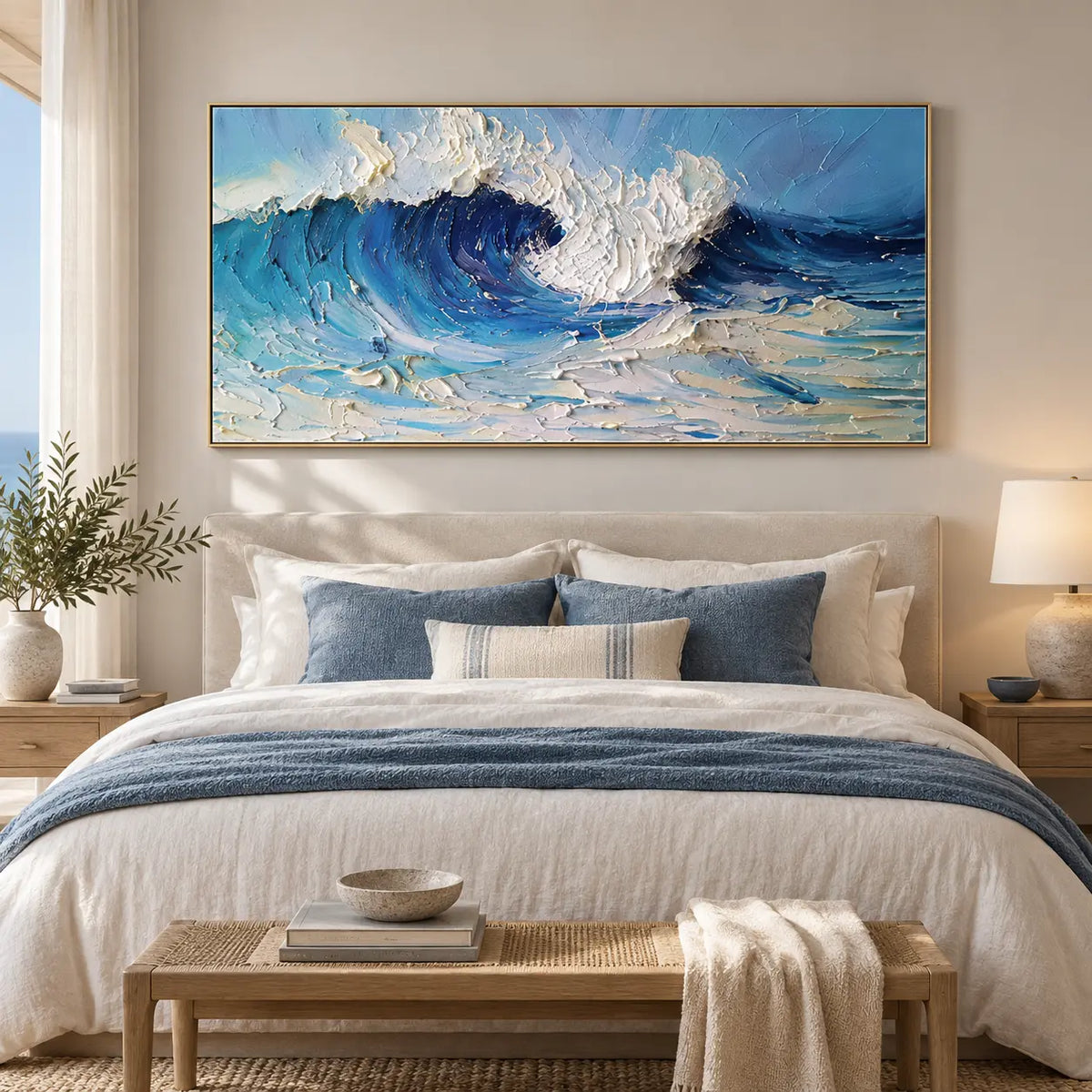 Inside the Turquoise Break: above a bed with navy cushions and a woven wood bench