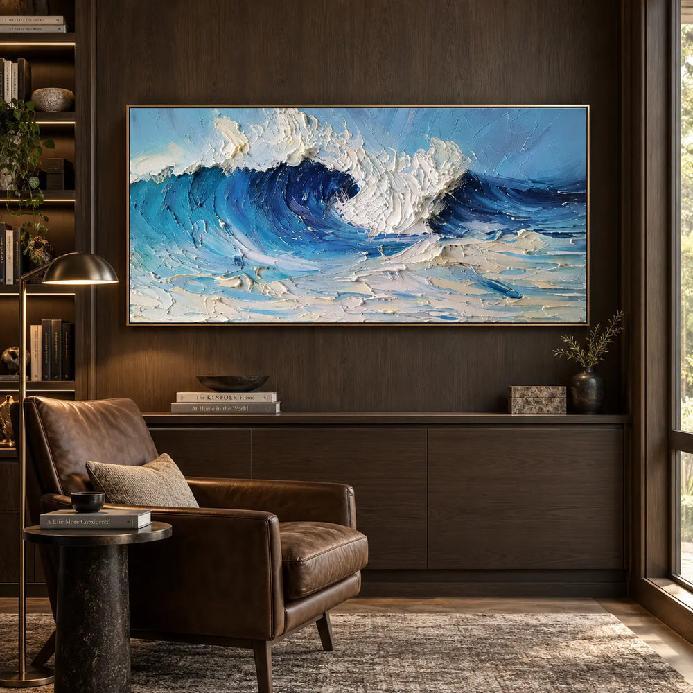 Inside the Turquoise Break: on a dark wood library wall beside a leather chair and floor lamp