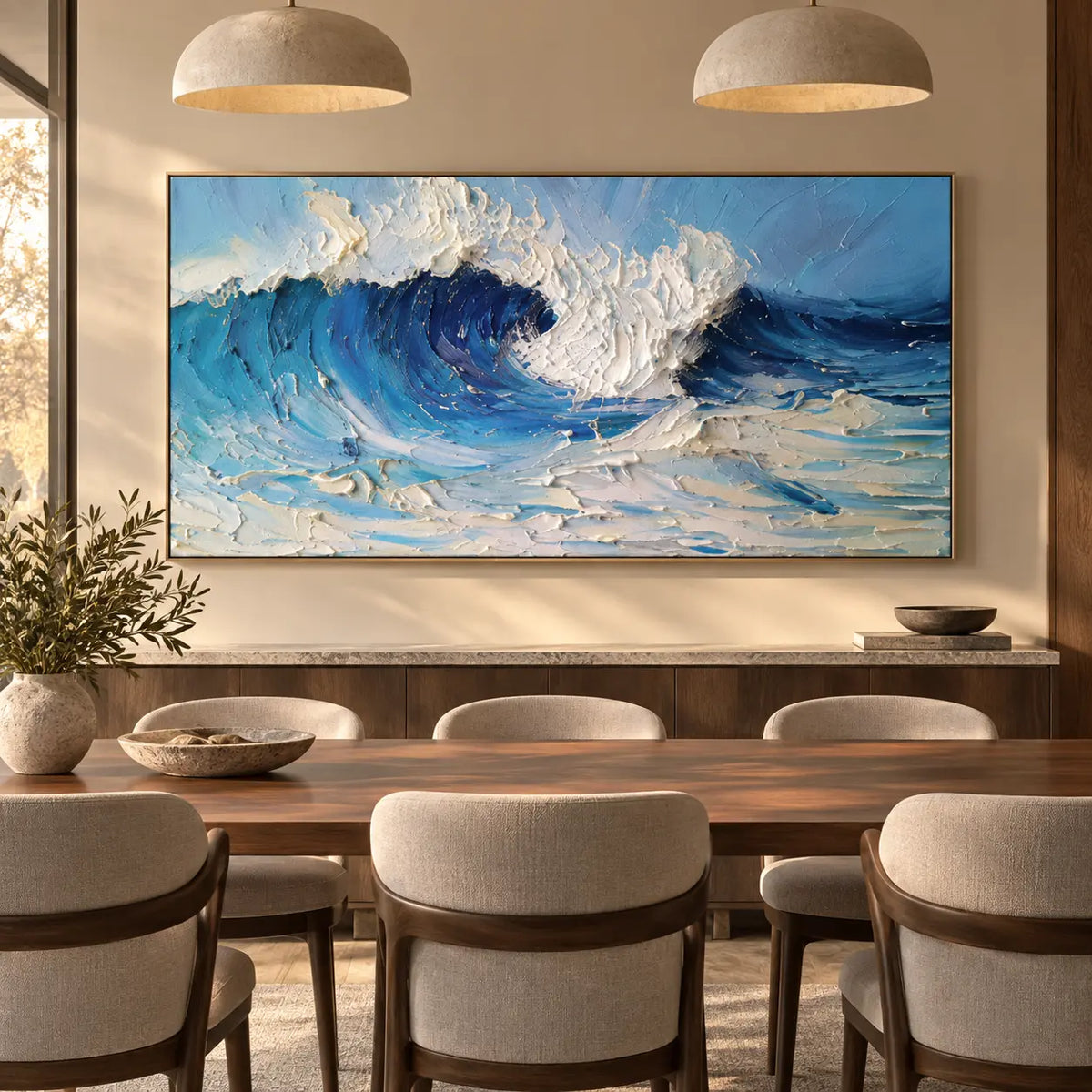 Inside the Turquoise Break: above a dining sideboard beneath two broad dome pendants
