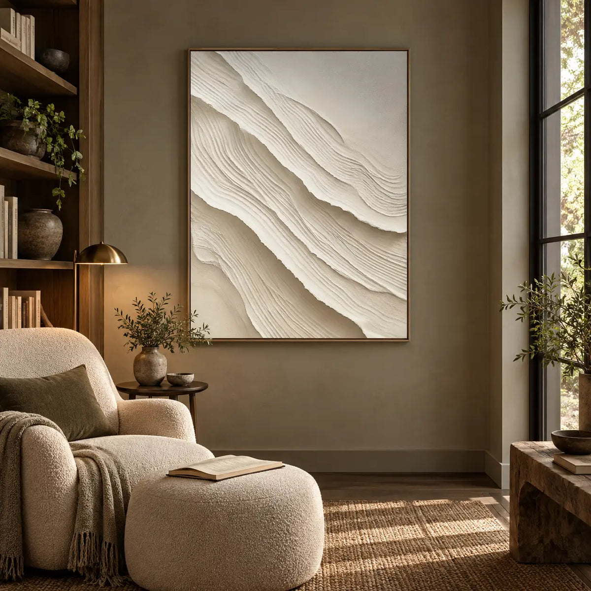 Ivory Folds Descending: beside a cream reading chair and matching ottoman in a wood-lined nook