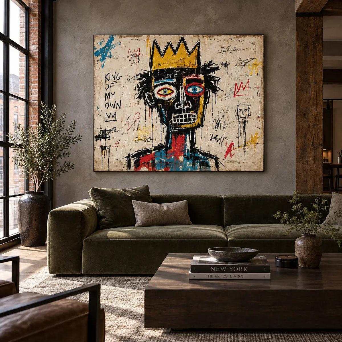 King of My Own Color: artwork above a green sofa beside a loft window and dark wood table