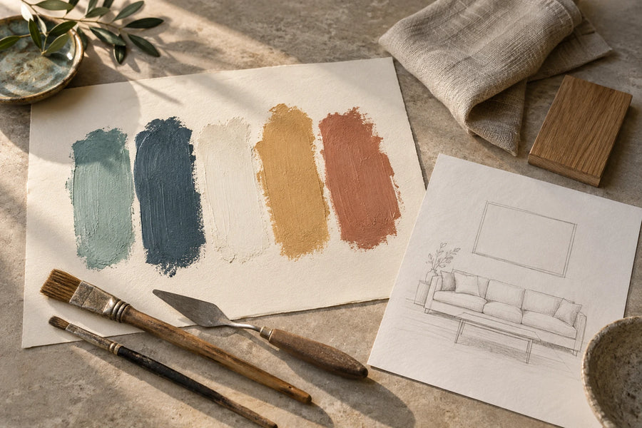 Paint swatches, linen, oak and brushes for planning a custom artwork