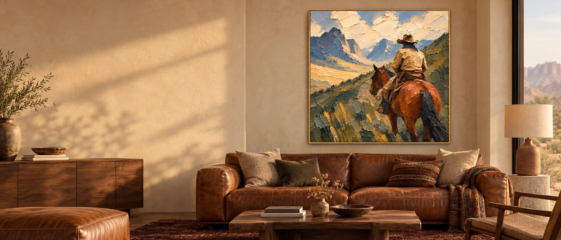 Beyond the Saddle cowboy painting above a leather sofa with walnut furniture