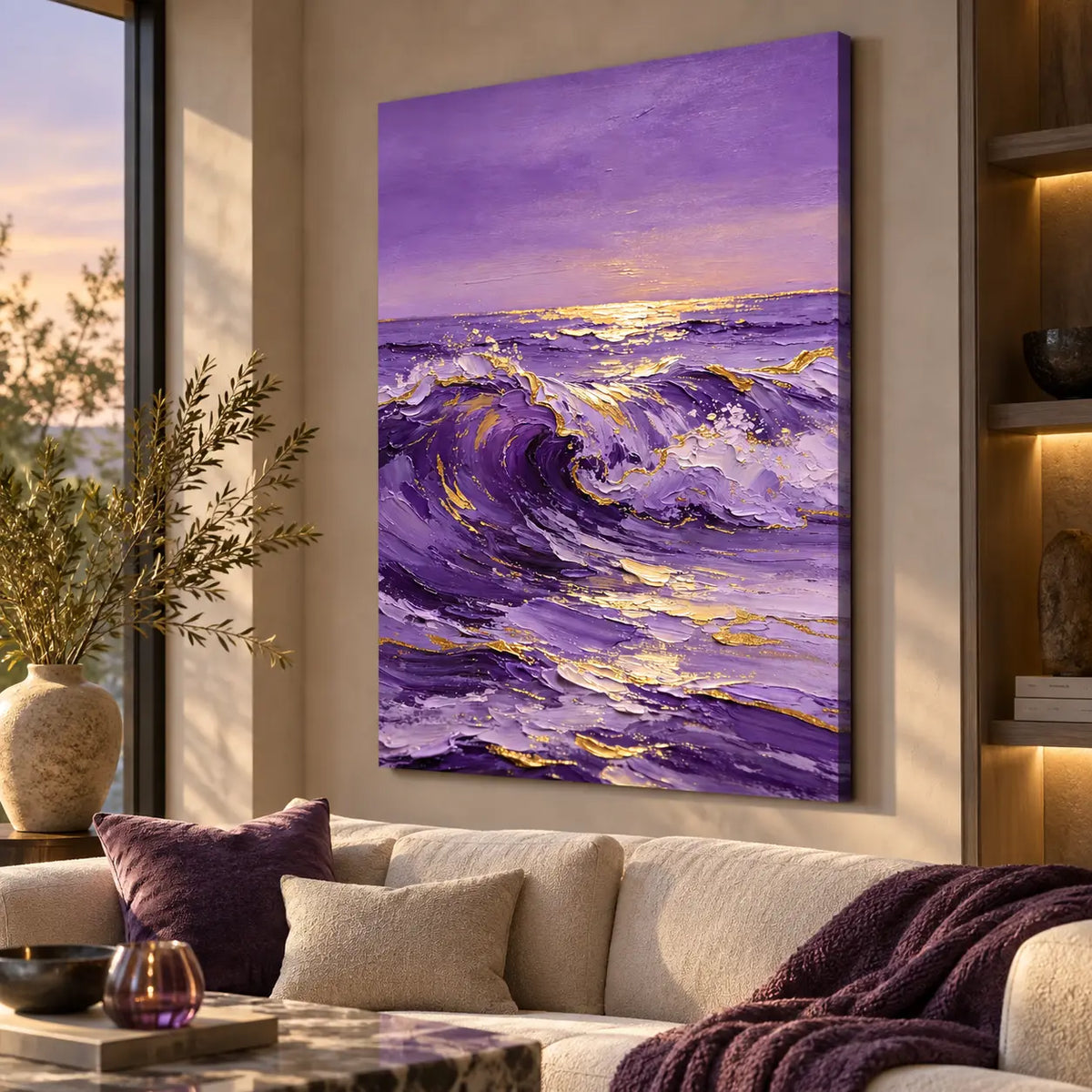 Lavender Tide at Sundown: Angled painting view above a cream sofa with purple cushions