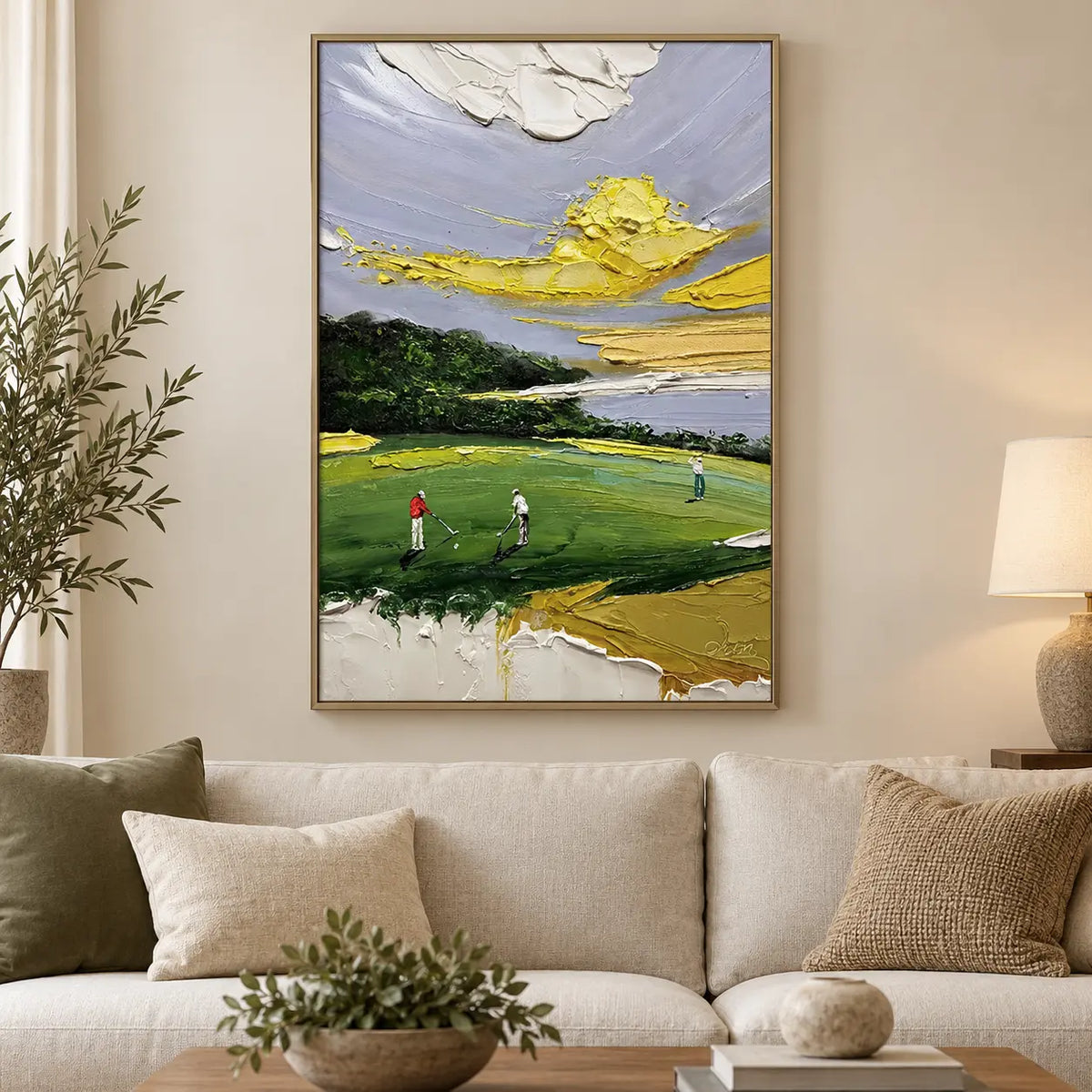 Lemon Sky on the Links: above a cream sofa with olive and tan cushions and a rectangular wood table